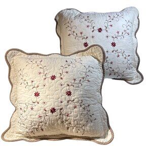 Croft & Barrow Embroidered Throw Pillows Floral Quilted Beige Burgandy Set of 2